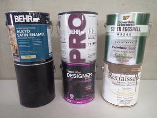 Assorted 4L/1Q Cans of Paint, Varathane, Plastic Cement, Etc.  Opened.