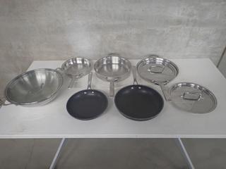 (3) Wolf 7-Ply Skillets, 8.5", 3.5 Quart & 11.5 In. c/w (2) Lids, (2) Brabantia Skillets, 24cm, 28cm & Wok c/w Lid.