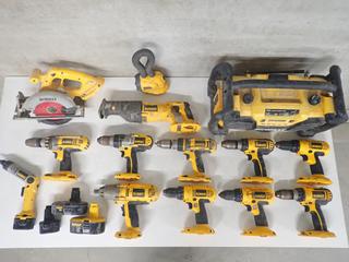 Assorted DeWalt Tools, Reciprocating Saw, 6-1/2 In. Circular Saw, HD Screwdriver, Light, 1/2 In. Impact Wrench, (8) Drill/Drivers, Worksite Radio, 7.2V Battery, (2) 18V Batteries, No charger.