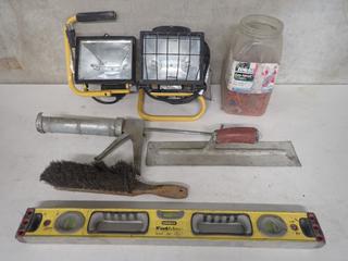 Worklights, Level, Wire Connectors, Caulking Gun, Hand Float & Brush.