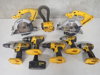 Assorted DeWalt Tools, (2) 6-1/2 In. Circular Saws, (3) Hammer Drill/Drill Drivers, (2) 1/4 In. Impact Drivers, Light, 18V Battery, No Charger.