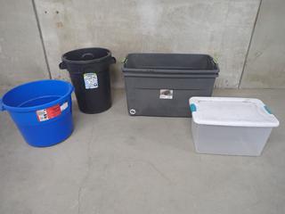 16 Gallon Heated Bucket, Garbage Bin, & Assorted Storage Totes.