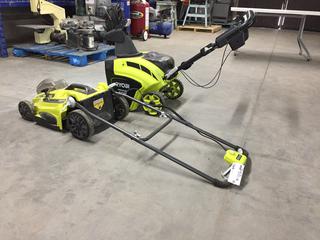 Ryobi Battery Operated Lawn Mower and Snow Blower c/w (2) Batteries and Charger.