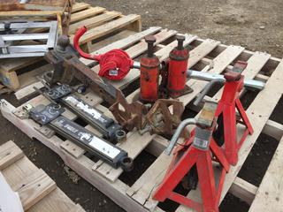 (2) Bottle Jacks, (2) Motormaster 3 Ton Jack Stands, (2) Husky Sway Bars, (2) Bolt on Sway Bar Clips, Ball Hitch and Hand Crank Fuel Pump.