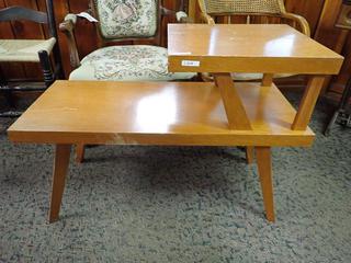 2-Tier Wooden Table. Approximately 36 In. Length, 15 1/2 In. Width, 26 1/4 In. Height.