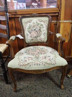 Embroidered Wooden Chair. 33 3/4 In. Height. *Note: Right Arm Broken*.