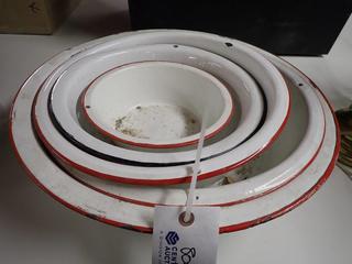 (5) Stainless Enamel Bowls. Various Sizes. *Note: Holes*.