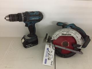 (1) Makita LXT 18V Circular Saw c/w Battery, S/N 038266 and (1) Makita 18V Concrete/Steel Drill.