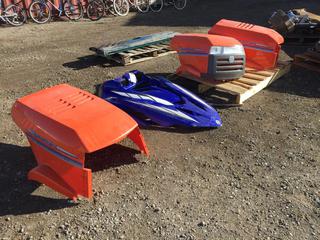 (2) Husqvarna YTH180 Garden Tractor Hoods and (1) Husqvarna YTH150 Hood and Yamaha RX1 Snowmobile Cowlings.