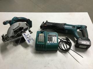 Makita LXT 18V Circular Saw, S/N 0066140Y and Makita LXT BJR 18V Reciprocating Saw, S/N 0220076 c/w Battery & Charger.