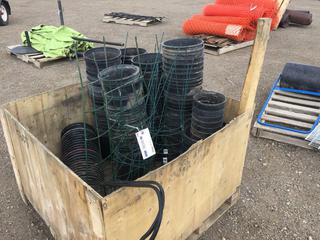 Wooden Crate w/ Plastic Plant Pots, Tomato Cages and Plant Hangers.