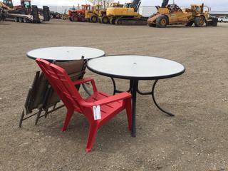 (2) Patio Tables 48 In.W, (2) Folding Patio Chairs and (1) Red Plastic Lawn Chair.