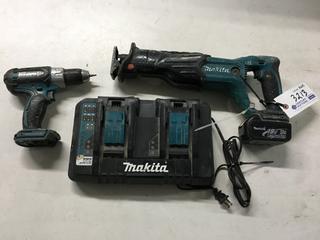 (1)Makita 18V BJR 182 Reciprocating Saw c/w Battery & Dual Charger and (1) Makita BDF 452 Drill 18V.