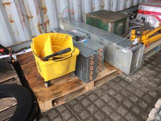 (3) Assorted Copper Fin Heating Coils, Muffler, Inline Duct Heater, Motorized Damper and Yellow Mop Pail.