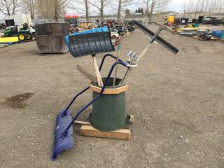 Quantity of Assorted Shovels, Rakes, Floor Squeegee and Garden Weasel in Standup Holder.