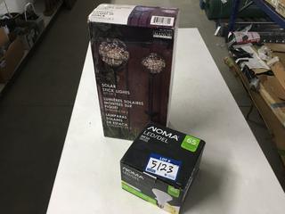 (4) Noma LED 65 Watt Replacement Bulbs Soft White and (2) Sets of Manor House Solar Stick Lights.