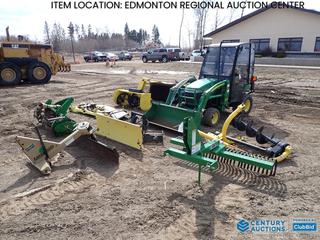 Fort Saskatchewan Location - 2009 John Deere 2305 Compact Tractor 4X4 c/w Yanmar 3TNV76, Gas, PTO, Tektite Heated Cab, Speeco Quick Hitch, 18x8.5-10 Front Tires, 26x12-12 Rear Tires,  Showing 681 Hours, SN LV2305H521651, 53 In. 200CX Loader Attachment, 62 In. Mower Deck, 48 In. John Deere Rotary Tiller, 59 In. Land Pride Blade, 54 In. John Deere Quick Hitch Front Blade, Speeco Field Master Post Hole Digger w/ 12 Ft. Auger, 60 In. John Deere Heavy Duty Boom, 47 In. John Deere Quick Hitch Snow Blower, 60 In. Frontier Landscape Rake