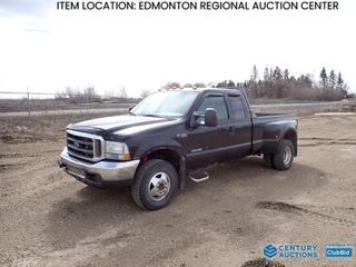 Fort Saskatchewan Location - 2004 Ford F-350 4X4 Lariat Super Duty Extended Cab Pickup c/w 6.0L Power Stroke V8, Diesel, A/T, A/C, Headache Rack, Manual Hub, LT235/85R16 Tires at 60%, Dually Rears at 40%, Tekonsha Trailer Brake System, 8 Ft. Box, Showing 330,129 Kms, VIN 1FTWX33P64ED10453 *Note: Minor Dents*