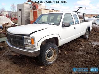 Selling Off-Site - 1997 Chevrolet Cheyenne 2500 4X4 Extended Cab Pickup c/w 5.7L Vortec, A/T, LT245/75R16 Tires, 8 Ft. Box, Showing 296,726 Kms, VIN 1GCGK29R9VE271560 *Note: Parts Only, Engine Seized, Missing Tires, Bill of Sale Only* **Located Offsite at 21220-107 Avenue NW, Edmonton, For More Information Contact Richard at 780-222-8309**