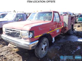 Selling Off-Site - 1991 Ford F-450 Super Duty Regular Cab Custom Service Truck  c/w 7.5L V8 EFI, 5 Spd, LT235/85R16 Tires, Dually, Showing 318,781 Kms, VIN 2FDLF47G5MCA28683 *Note: Damage Service Body, Bill of Sale Only* **Located Offsite at 21220-107 Avenue NW, Edmonton, For More Information Contact Richard at 780-222-8309**