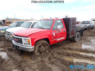 Selling Off-Site - 1996 GMC 3500 Regular Cab Flat Deck Truck  c/w Diesel, 5 Spd, LT235/85R16 Tires, Dually, Showing 337,713 Kms, VIN 1GDJC34F8TE532059 *Note: Parts Only, Bill of Sale Only* **Located Offsite at 21220-107 Avenue NW, Edmonton, For More Information Contact Richard at 780-222-8309**