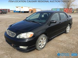 High River Location -  2003 Toyota Corolla S Sedan c/w 1.8L 4 Cyl, 5 Spd, A/C, Sunroof, 195/65R15 Tires, Showing 218,433 Kms, VIN 2T1BR32E13C764460 *Note: Requires Repair, Used Transmission In Truck, Transmission Grinds.*