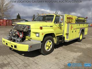 High River Location -  1983 Superior F708 S/A Fire/Pumper Truck c/w 7.0L V8, 5+2 Transmission, 11R22.5 Front, 10.00-20 Rear Tires, Pump Reads 1,748 Hours,  Showing 12,197 Kms, VIN 1FDPF70K4DVA27973