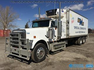 High River Location -  1995 Freightliner D120 T/A Van Body (Modified) Truck c/w Cat 14.6L, Eaton Fuller 15 Spd, A/C, Air Ride Susp., Carrier Reefer, Webasto Heater, Air Brakes, Hyd. Aluminum Lift Tailgate, Roll Up Door, Aluminum Floor In Box, 24 Ft. Insulated Box, 11R24.5 Tires, Showing 28,945 Kms, VIN 1FUPDXYB2SP592537