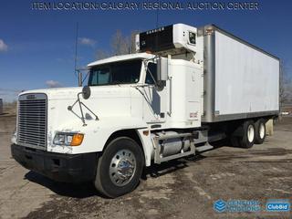 High River Location -  1993 Freightliner T/A Van Body (Modified) Truck c/w Cat 3406 14.6L Turbo Diesel, Eaton Fuller 18 Spd, A/C, Air Ride Susp., Air Brakes, Hyd. Aluminum Tailgate, Roll Up Door, Carrier Reefer 17,512 Hours, 22 Ft. Insulated Van Body, 11R24.5 Tires, Showing 805,680 Kms, VIN 1FUYDXYBXPP418517