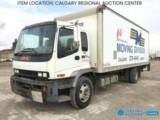 High River Location -  2004 GMC T7500 S/A Van Body Truck c/w Isuzu 7.8L Turbo Diesel, A/T, A/C, 24 Ft. Van Body, Hydraulic Lift Tailgate, 11R22.5 Tires, Showing 569,840 Kms, VIN 1GDL7F1314F501319 *Note: ABS Light On*