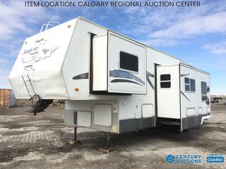 High River Location - 2004 Forest River Sandpiper 37 Ft. T/A Toy Hauler c/w (2) Slide Outs, On Board Fuel Station, Onan Micro Quiet 4000 Gas Generator, Roof AC, 7 Pin Connector, Electric Landing Gear, Manual Rear Leveling Jacks, VIN 4X4FSAN2141110770
