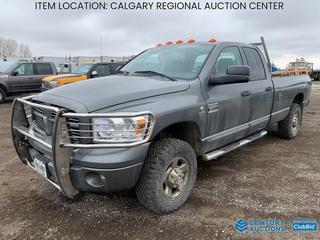 High River Location - 2007 Dodge Ram 2500 Quad Pickup c/w 6.7L Turbo Diesel, A/T, A/C, 265/70/17 Tires, Showing 257,943 Kms, VIN 3D7KS28A67G779024. *Note: Check Engine Light On, Windshield Chips & Cracks, Tailgate Damage, Body Rust*