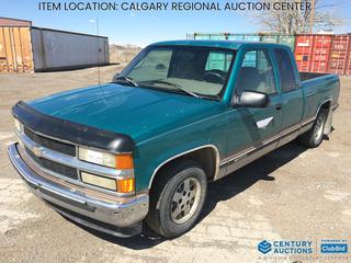 High River Location - 1995 Chev Silverado 1500 Extended Cab Pickup c/w 5.7L V8 Gas, A/T, A/C, Tow Hitch Receiver, Spray On Box Liner, 225/70/15 Front, 215/75/15 Rear Tires, Showing 239,863 Kms, VIN 2GCEC19K9S1223443
