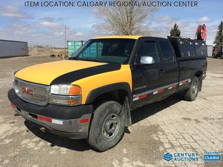 High River Location - 2001 GMC Sierra 2500 Extended Cab 4x4 Pickup c/w 6.0L V8 Gas, A/T, A/C, Tow Hitch Receiver, Trailer Brake Modual, Box Liner, Service Body Canopy, Work Lights, Hose Reel w/Lincoln Grease Pump, 235/85/16 Tires, Showing 342,438 Kms, VIN 1GTHK29U01E205434