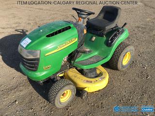 High River Location - John Deere L100B Ride On Mower c/w Intek 17 HP Gas, 42 In. Mower Deck, No Hour Meter, 15x6.00-6 Front, 20x8.00-8 Rear Tires, S/N GXL100B023341