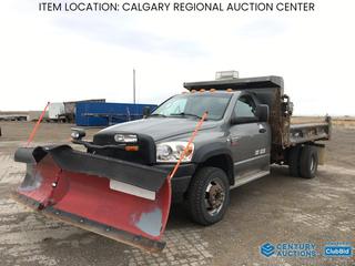 High River Location - 2008 Dodge 5500 SD 4x4 Deck Truck c/w Cummins 6.7L Turbo Diesel, A/T, A/C, The Boss Power-V 9 Ft. Plow, Tilt Deck, Folding Sides, Tarp, In Cab Tilt Deck Controller & Plow Controller, Backup Alarm, Trailer Brake Modual, Roof Beacon, Tow Hitch Receiver, 2" Ball, 225/70/19.5 Tires, Showing 84,044 Kms, VIN 3D6WD76A78G229672