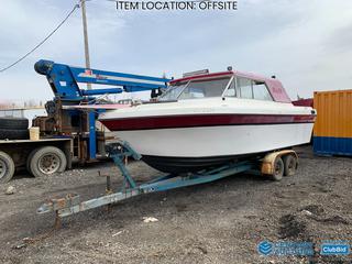 Selling Off-Site - Campion Cabin Cruiser 23 Ft. Boat w Volvo Penta 5.7L Inboard Engine, c/w Tandem Axle Boat Trailer w Powerwinch Vehicle Winch, Surge Brakes, ST21575 R14 Tires. Note Engine And Frame Disassembled On Boat, Running Condition Unknown, Unable To Verify VIN On Trailer. Boat SN ZB171254M791. Located at 5717 - 84 Street SE Calgary, AB Call Johnnie @ 403-990-3978 For Further Information and Viewing.