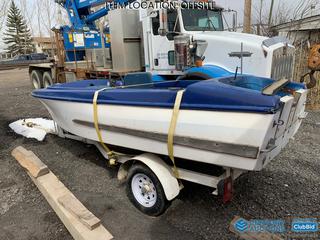 Selling Off-Site - 14 Ft. Boat c/w Trailer, Spare Tire, Brake Lights, 1 7/8 In. Ball, No VIN. Located at 5717 - 84 Street SE Calgary, AB Call Johnnie @ 403-990-3978 For Further Information and Viewing.
