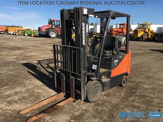 High River Location - 2007 Doosan GC25E-5 4,300 LB Forklift c/w Mitsubishi 4G564 Engine, A/T, 186" 3 Stage Mast w/Side Shift, 84" Lowered 42" Forks, Cushion Drive & Steer Tires, Showing 11,211 Hours S/N MW-00167. 