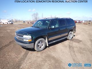 Fort Saskatchewan Location - 2002 Chevrolet Suburban 4X4 SUV c/w Vortec 5.3L, A/T, A/C, Sunroof, 265/70R16 Tires at 40%, Showing 310,320 Kms, VIN 3GNFK16Z42G143636 *Note: Service Ride Control Message, Window Mechanism Requires Repair, Damage*