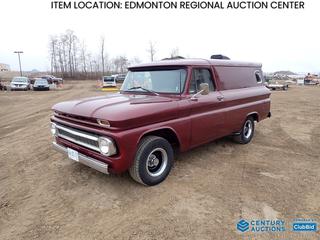Fort Saskatchewan Location - 1966 Chevrolet Panel Truck c/w Chevrolet 350 V8 Small Block, Gas, A/T, GVWR 5000 Lb, P275/60R15 Tires, Showing 29,398 Miles, VIN 6C1405626120A *Note: Carb Requires Rebuild, Damage to Rear Panel*