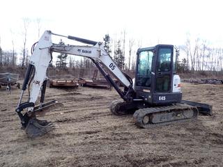 2012 Bobcat E45 Excavator C/w Kubota Model V2403-M-D1-ET03 2.4L Engine, STD/ISO Operation Pattern, CAB, Positive Air Shut Off, 15in Hyd Thumb, 78in Blade, 24in Dig Bucket And 16in Rubber Tracks. Showing 2779hrs. SN AG3G12593 *Note: Crack On Engine Cover*