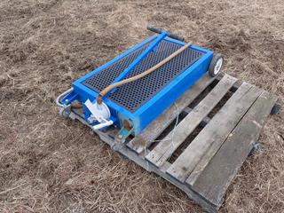 34 1/2in X 21in X 5 1/2in Fluid Change Tank C/w Pump And Hose *Note: (1) Tire Broke Off, Cracks In Hose*