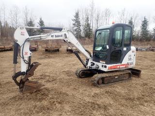 2007 Bobcat 329G Excavator C/w Kubota Model D1703-M-ES04 1.7L Diesel Engine, STD/ISO Operation Control Patterns, Enclosed Cab, ROPS, 13in Hyd Thumb, 60in Blade w/ 2in Hitch Receiver And 12in Rubber Tracks. Showing 3210 Hrs. SN A2PG11243