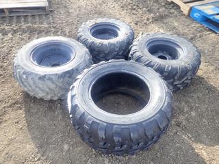 (2) 440 Mag 25 X 10.00-12 NHS Tires w/ 5-Bolt Rims C/w (1) Rawhide Goodyear 26 X 11.00 R14 NHS Tire And (1) Dunlop AT 25 X 10-12 Tire w/ 5-Bolt Rim