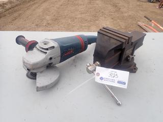 Powerfist 5in Quick Release Swivel Base Bench Vise C/w Bosch Model 1873-8 7in Angle Grinder