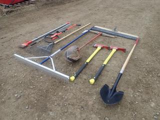 (2) Unused Fireman Axes C/w Rakes, Post Digger, Line Counter Yard Stick And Shovel