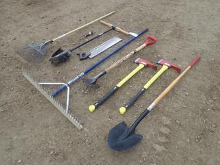 (2) Unused Fireman Axes C/w Post Hole Digger, Rake, Hand Saw And Shovel