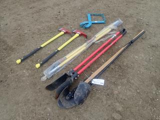 (2) Unused Firemans Axes C/w (2) Unused Superior Structron STR-CC20 Handles, Pallet Puller And (2) Post Hole Diggers