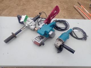 Makita 120V 3 X 24in Belt Sander C/w Makita DS4000 120V 1/2in Drill And Makita 5in Angle Grinder